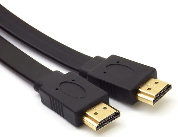 Flat black HDMI cable with male connectors showing length options for tidy AV setup