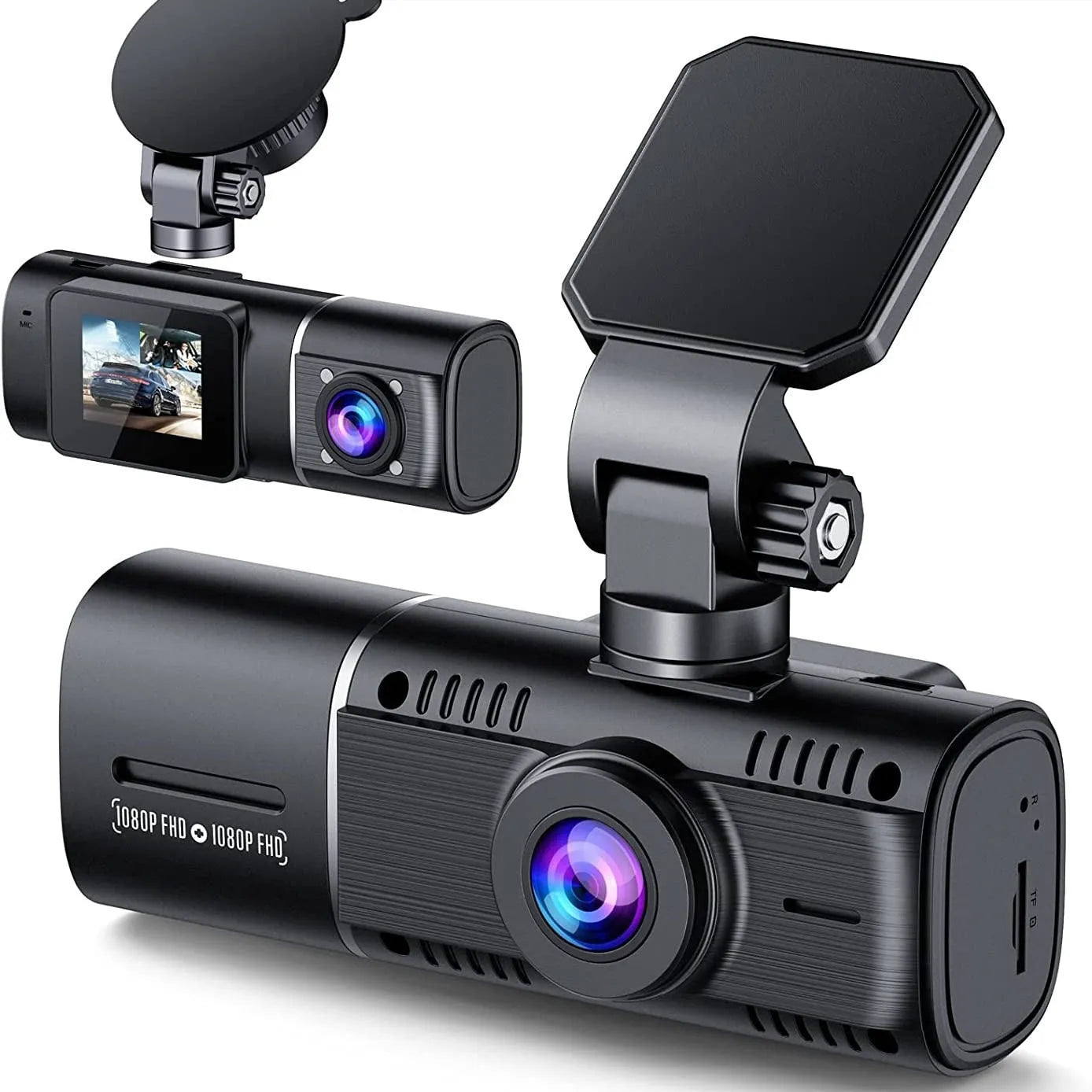 Standard black car dashcam with 1.5-inch screen for front and rear recording.