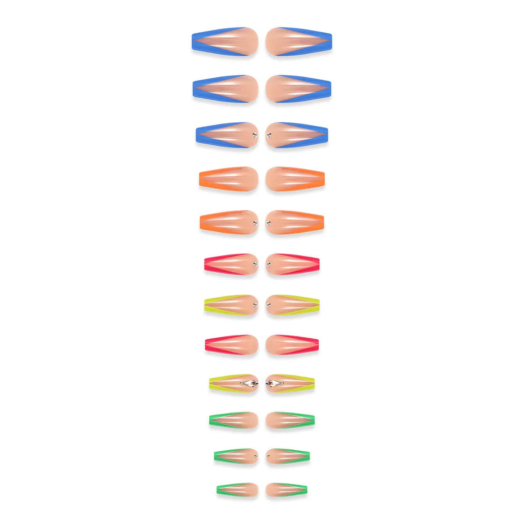 Set of detachable nail tips in diamond colour with cartoon love cross heart pattern, jelly glue, and a filing strip.