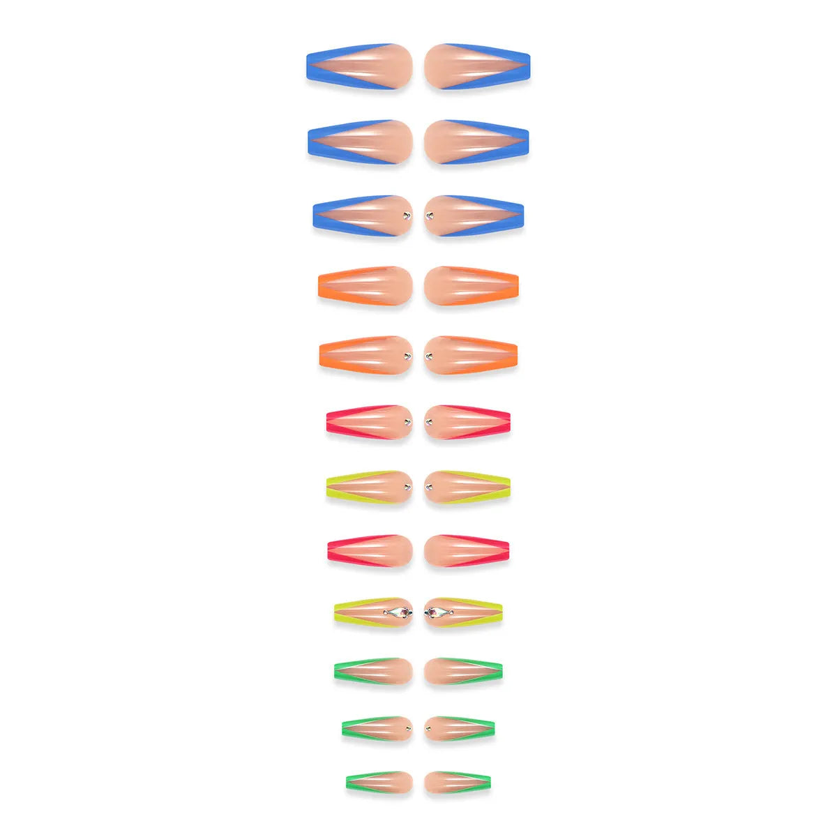 Set of detachable nail tips in diamond colour with cartoon love cross heart pattern, jelly glue, and a filing strip.
