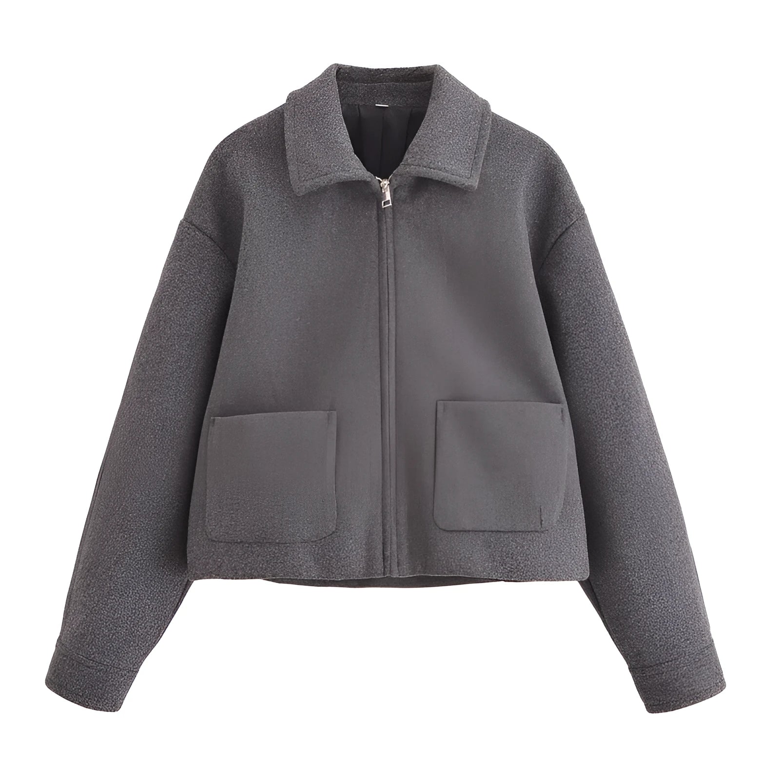 Women's gray PU jacket with shirt-collar, zip front, and long sleeves on a model