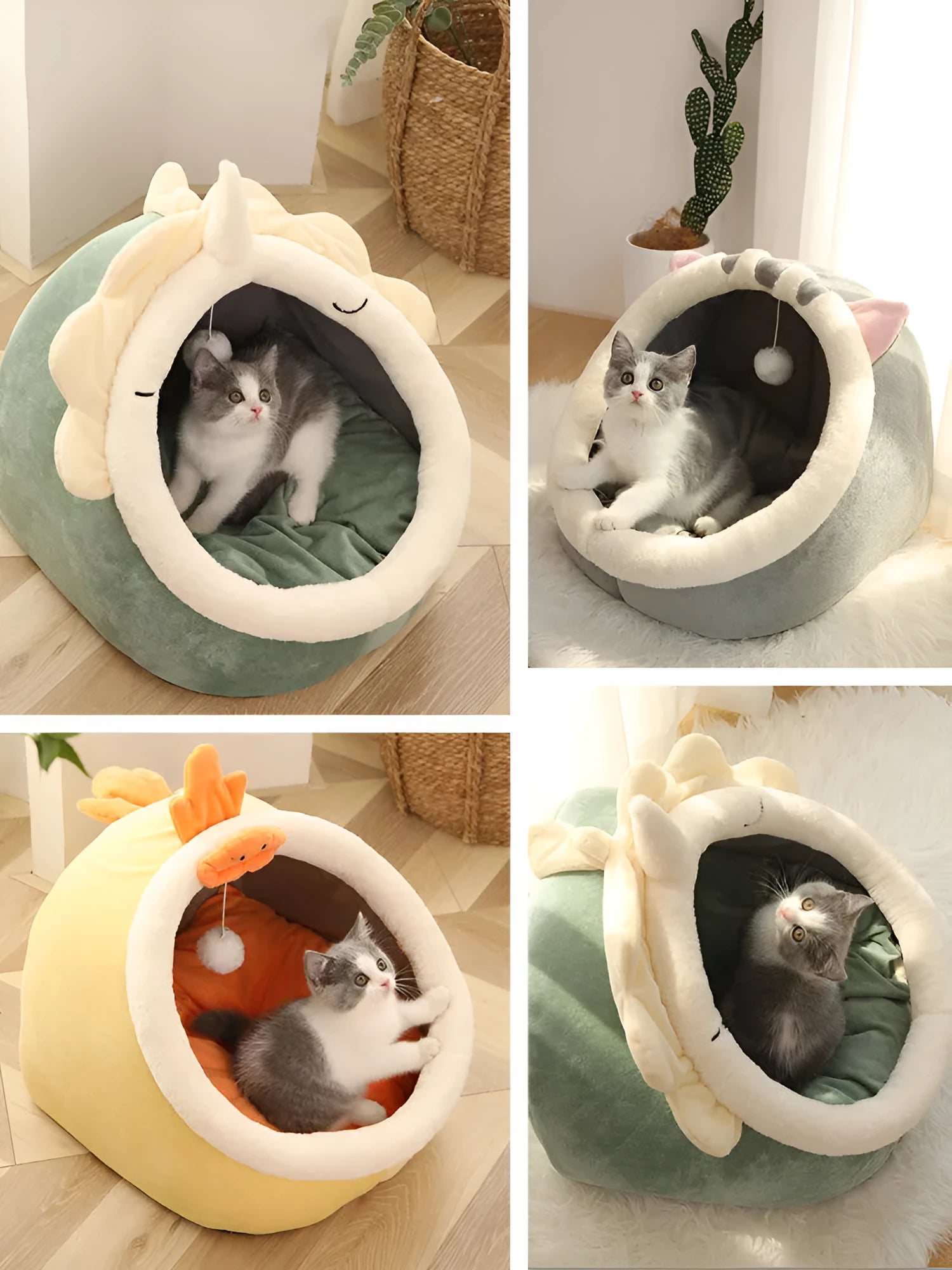 Semi-enclosed cat nest in polar fleece, 48x45x37cm large size, green colour, with mat cushions