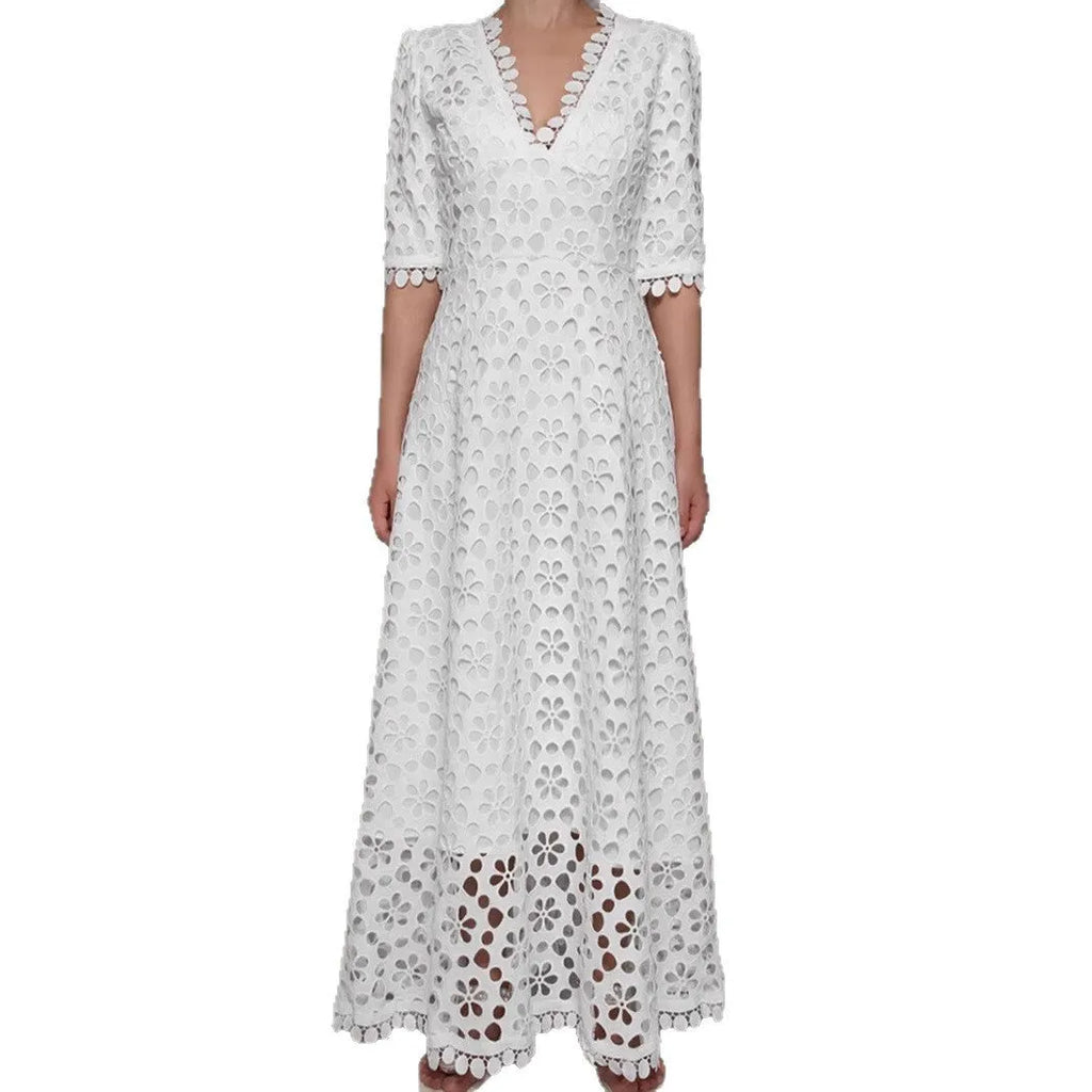 White lace long dress with V-neck design and hollow-out details for women