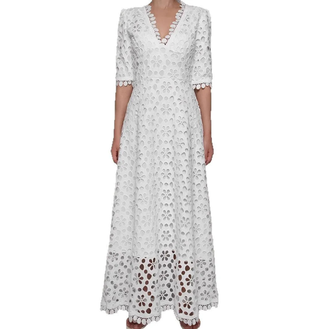 White lace long dress with V-neck design and hollow-out details for women