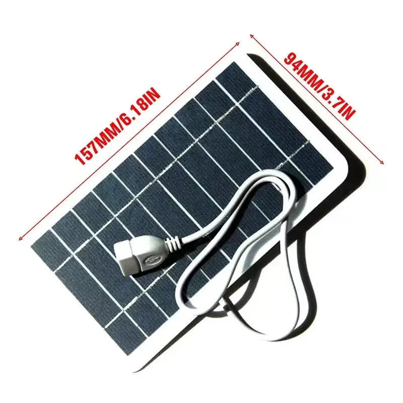 Portable 2W solar panel charger measuring 157x94mm with USB cable