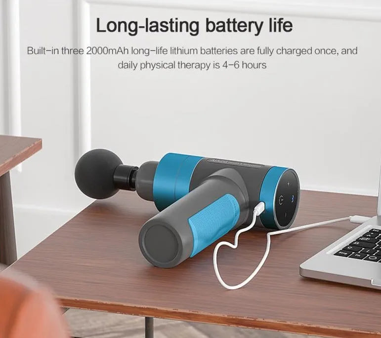 USB muscle massager in blue with space aluminium body, five speed control, and compact 225x185x60mm size