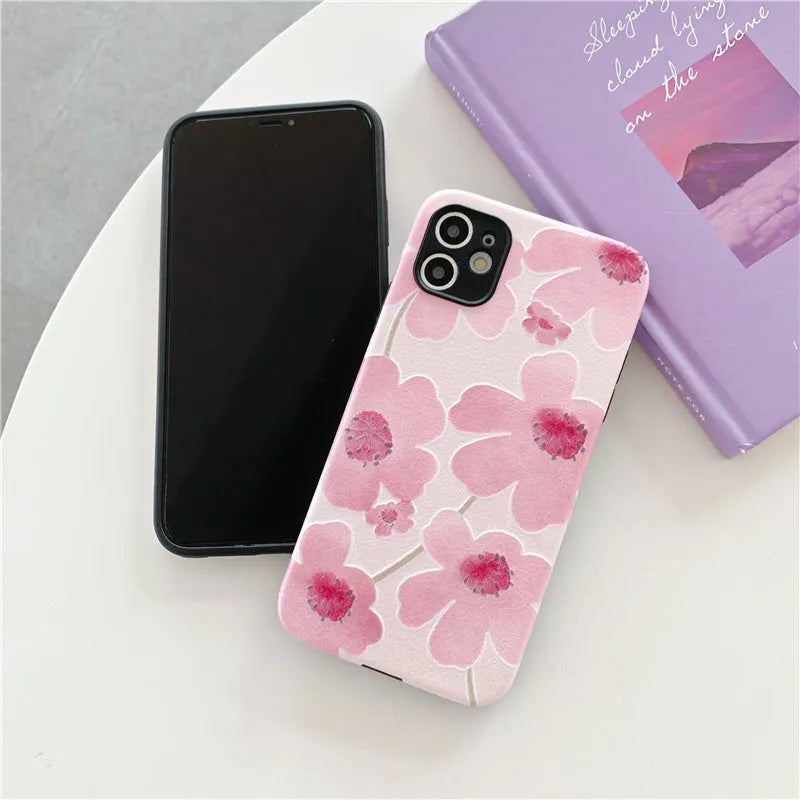 Pink flower pattern soft rubber iPhone case with lanyard hole