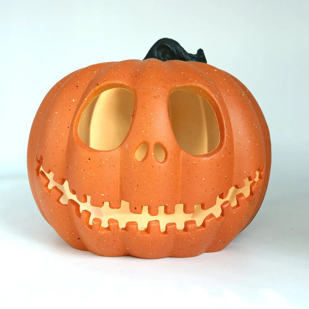 Halloween skull hooded pumpkin lantern in yellow, 23x19cm, hollow out design, resin with electronic component