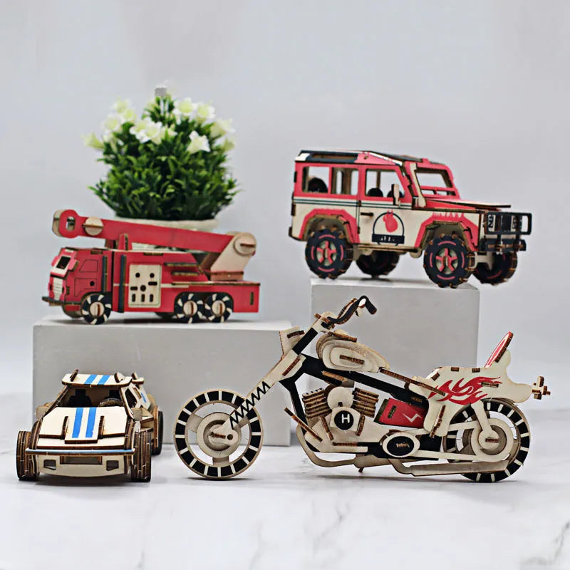 Wooden 3D three-dimensional puzzle DIY model kit in Ferrari, fire truck, Halle and SUV styles