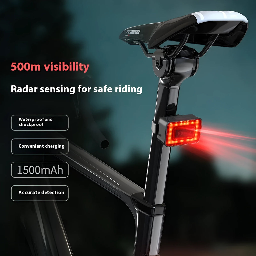 Smart millimetre wave radar bicycle taillight with mounting bracket on a black background.