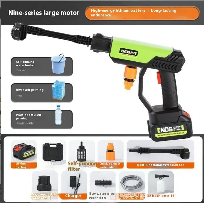 Green wireless high-pressure water gun with six nozzle attachments and foam pot for garden cleaning