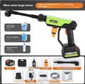 Green wireless high-pressure water gun with six nozzle attachments and foam pot for garden cleaning