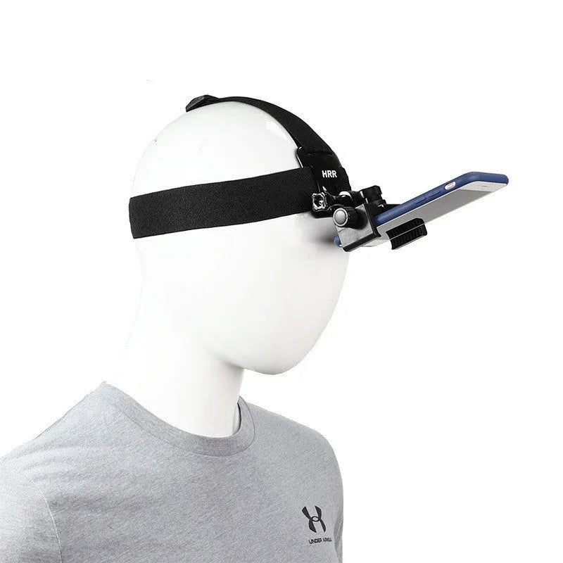 Head-mounted phone holder with screws showing adjustable angle and stretch nylon strap on a black background
