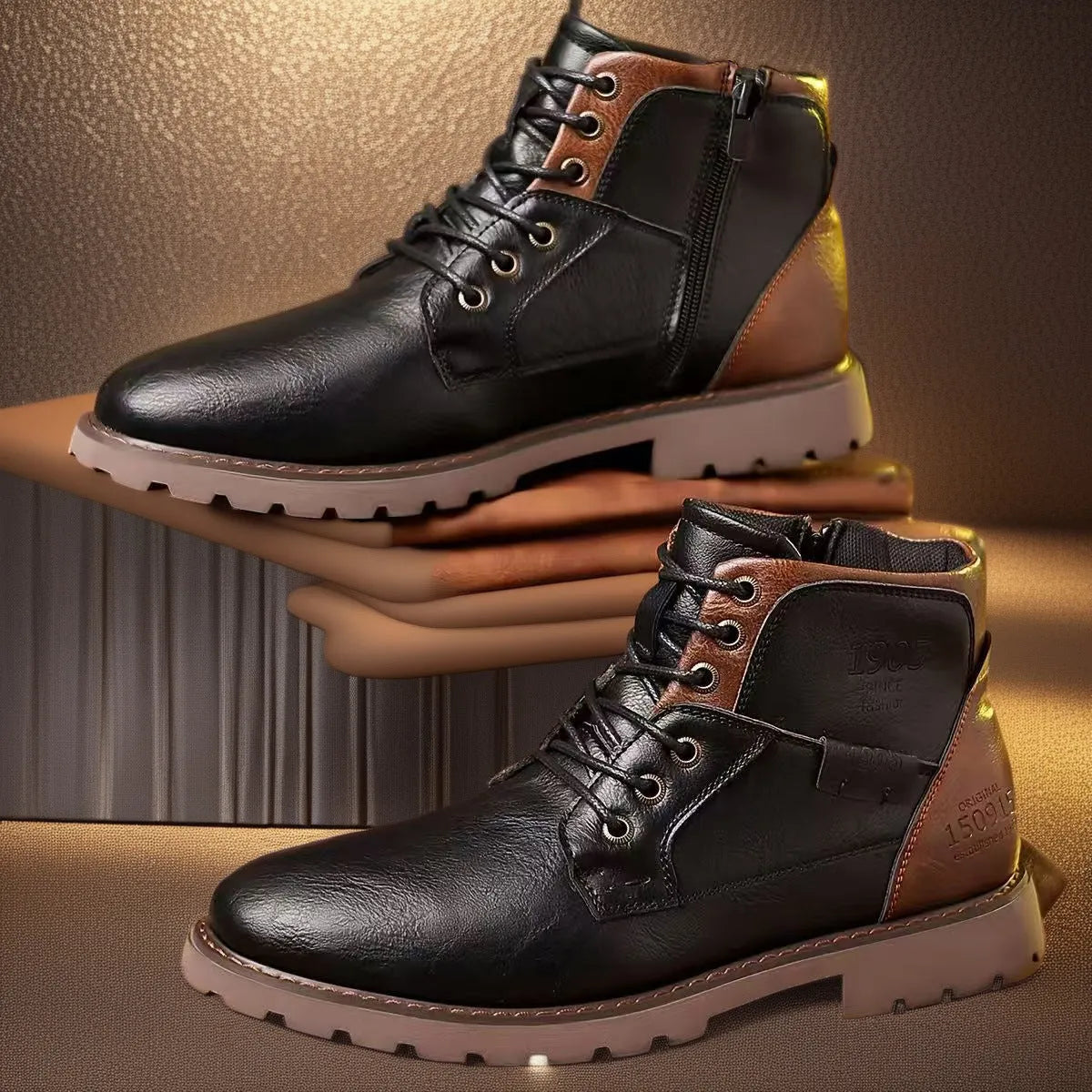Men's brown leather-look ankle boots with a side zip fastening and rubber sole on a white background.