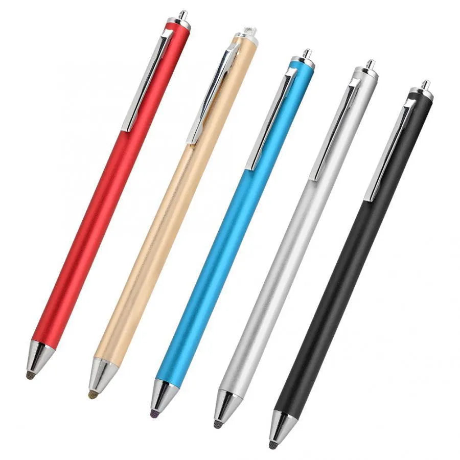 Metal shell stylus with a fine tip for touch screen phones and tablets, shown in multiple colours.