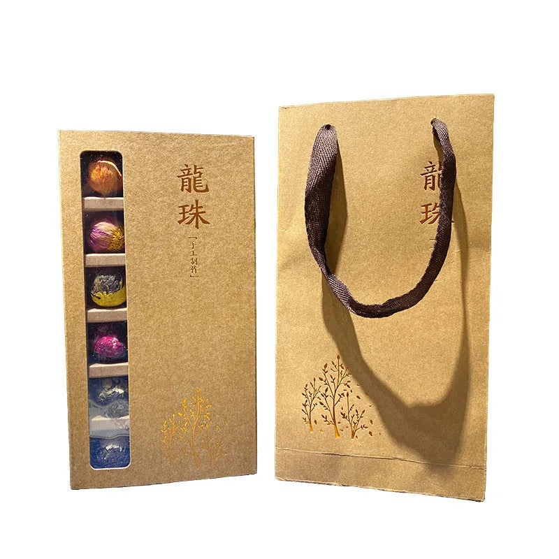 Six flavour flower tea gift box with 18 tablets featuring jasmine, lily, peony, yellow chrysanthemum, rose, and chrysanthemum