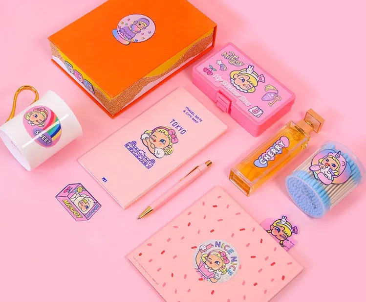 Korean cartoon sticker set showing square PVC designs with storage box