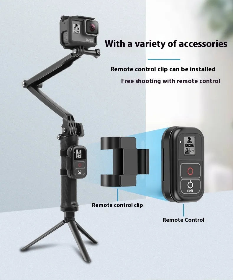 Black portable folding camera tripod storage bracket for GoPro Hero action cameras on a white background.