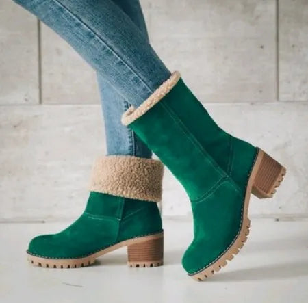 Women's mid-calf suede snow boots in khaki with a round toe and flat heel on a waterproof platform.