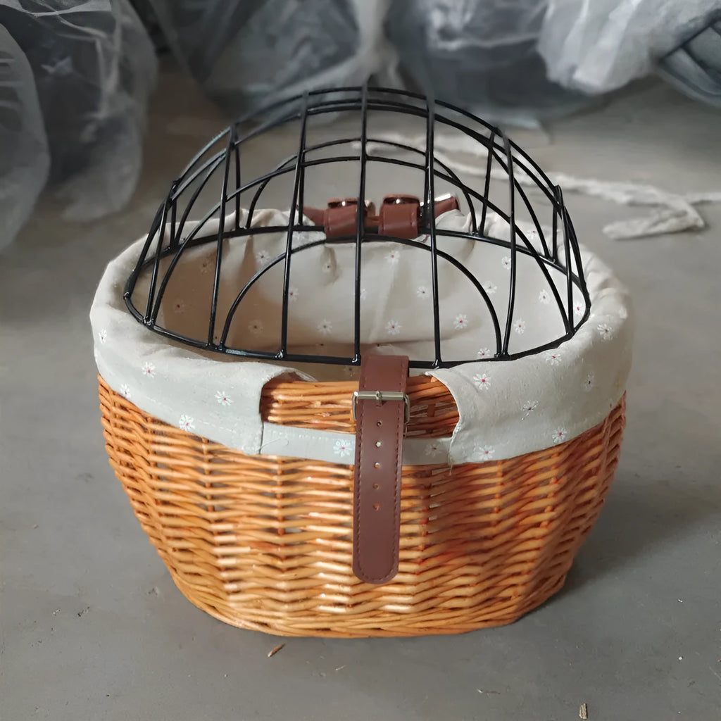 Honey-coloured wicker bicycle front handle basket medium size for cat or dog pet seat on road bicycle
