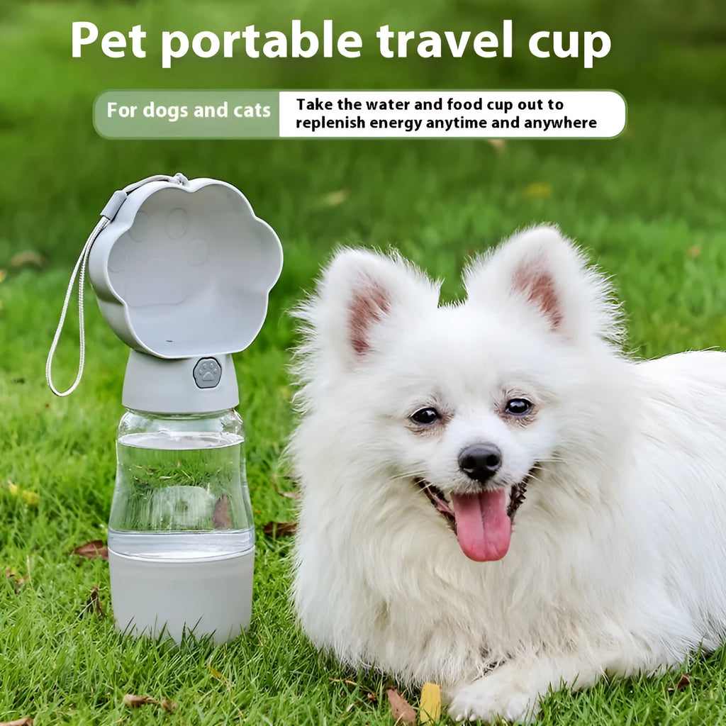 Portable dog outing water cup 320ML with separate food cup in yellow, gray, green, white