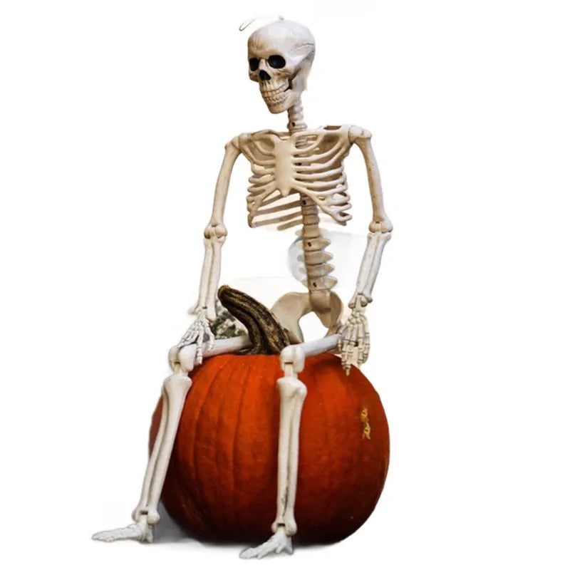 90cm tall white plastic Halloween skeleton with movable joints posed standing.