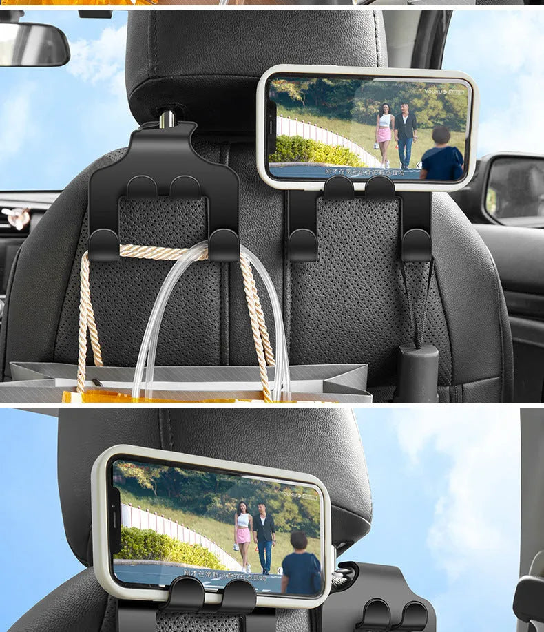 Two white ABS plastic car hooks for mounting phones and organising items in vehicles.