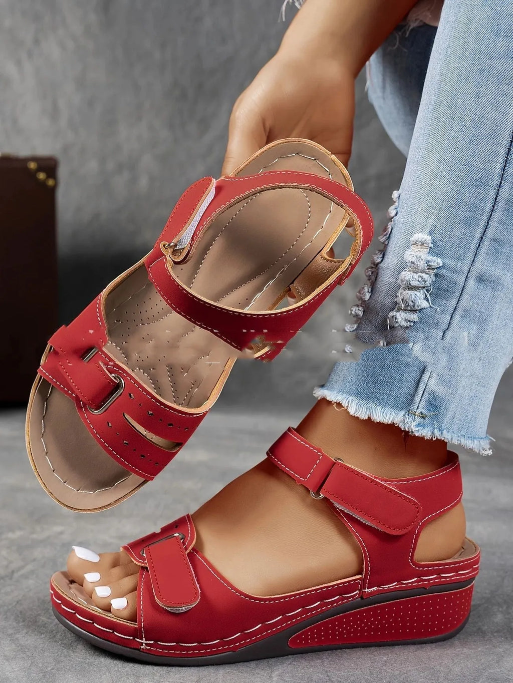 Beige plus size strap sandals with a thick composite sole and adjustable Velcro fastening on a white background