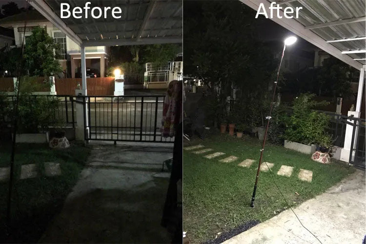 White LED fishing rod light unit on a tall telescopic pole with a remote control for outdoor use.
