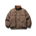 Men's reversible plaid down jacket in brown with stand-up collar and hood, medium length 65cm