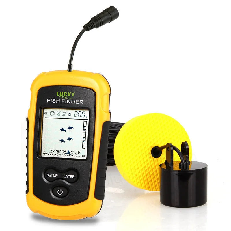 Yellow wired fish finder with 200KHZ sonar, 73m depth range, multi-language display