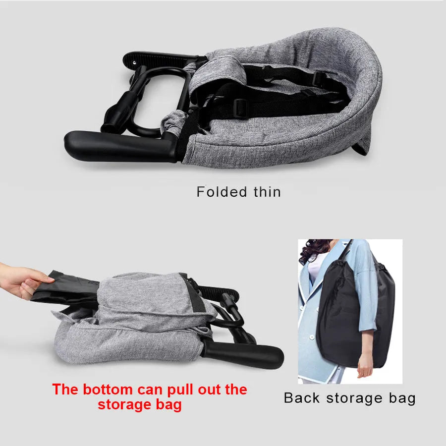 Portable baby dining seat with safety belt in blue, grey or red colours folded to show compact 42x36x7cm size