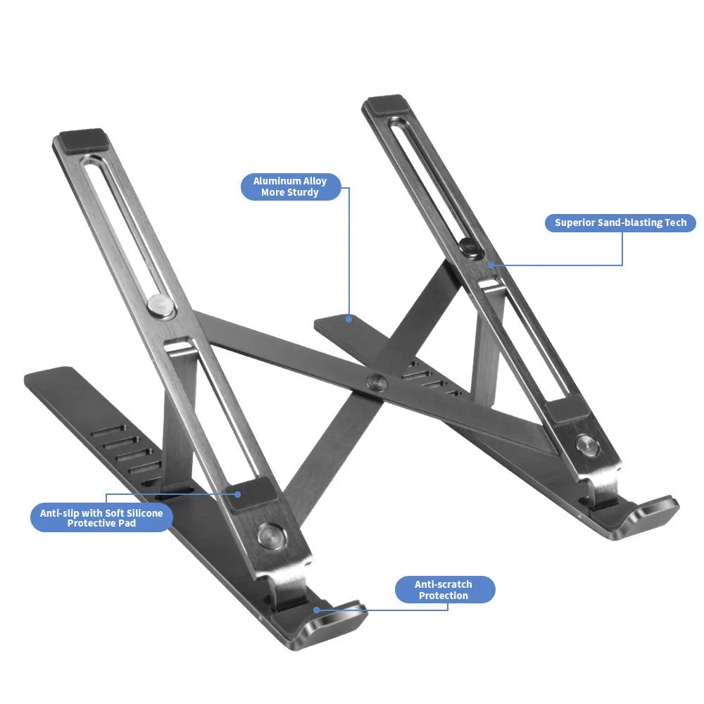 Portable aluminum alloy laptop stand in folded and extended positions showing height adjustment mechanism