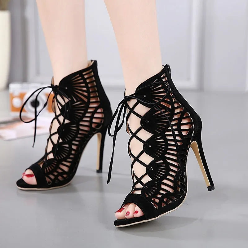 Black suede lace high heels Roman style stiletto over-knee boots with fish mouth toe