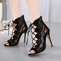 Black suede lace high heels Roman style stiletto over-knee boots with fish mouth toe