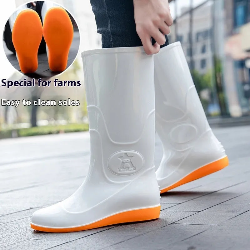 Men's white plastic rain boots with flat heel and round toe design