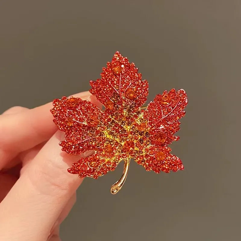 Red alloy full diamond maple leaf brooch for women, fruit-shaped decoration pin on coat