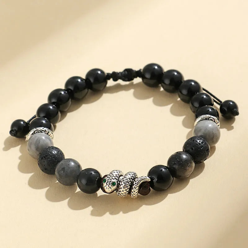 Agate couple bracelet set with blessing snake pattern in black and white options featuring white turquoise accents