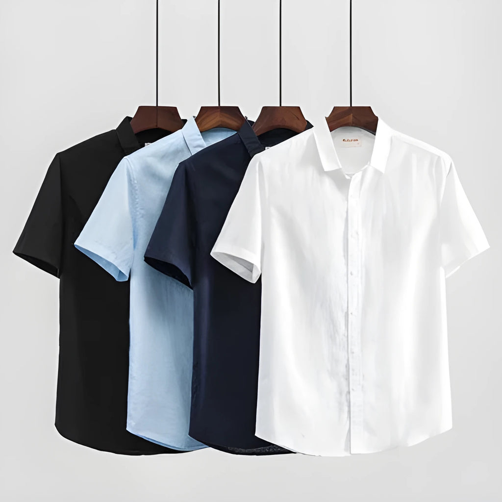 Men's light blue linen short sleeve shirt with a square collar on a hanger.