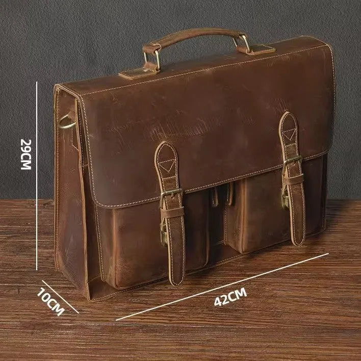 Cowhide leather crossbody computer bag in dark brown with business styling and anti-theft features