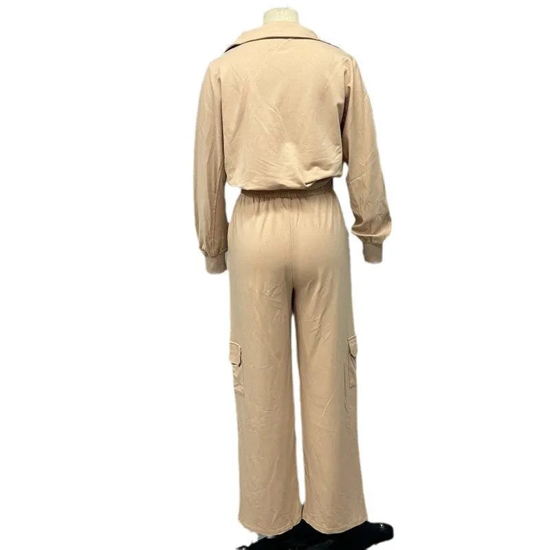 Women's light camel polyester two-piece work set with lapel top and wide-leg trousers on hanger