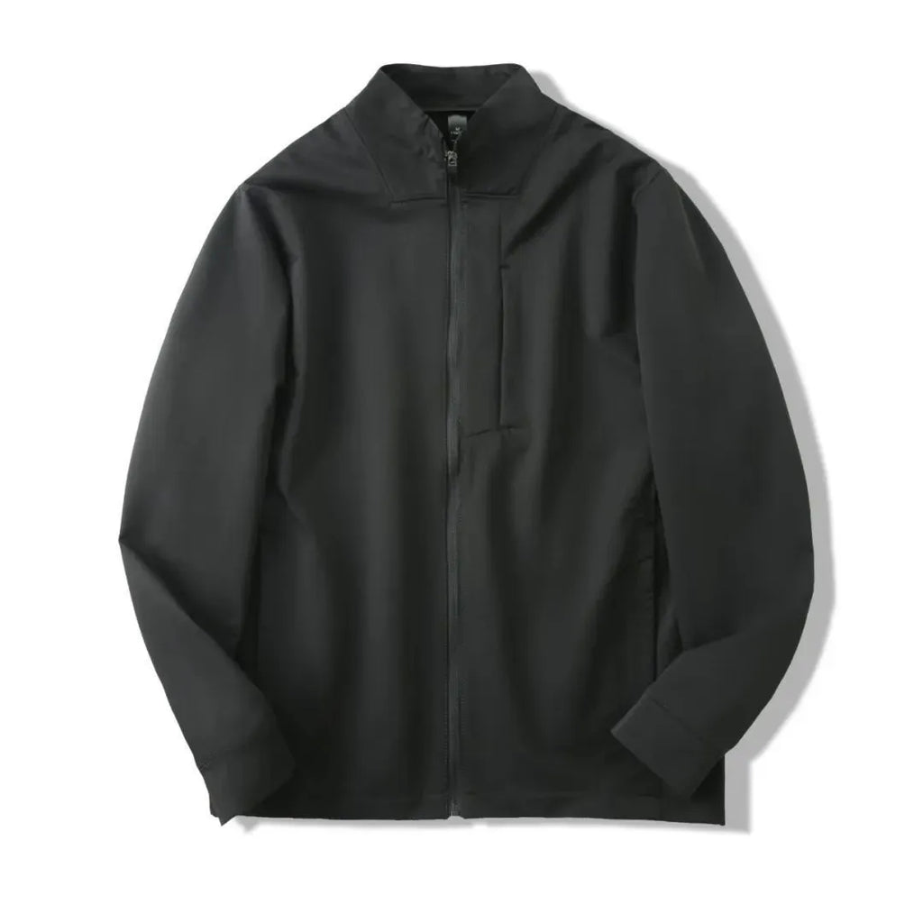 Men's stand collar polyester jacket in straight hem design with long sleeves