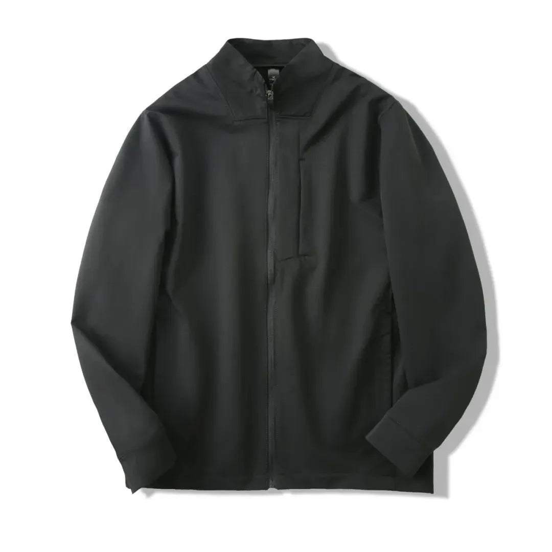 Men's stand collar polyester jacket in straight hem design with long sleeves