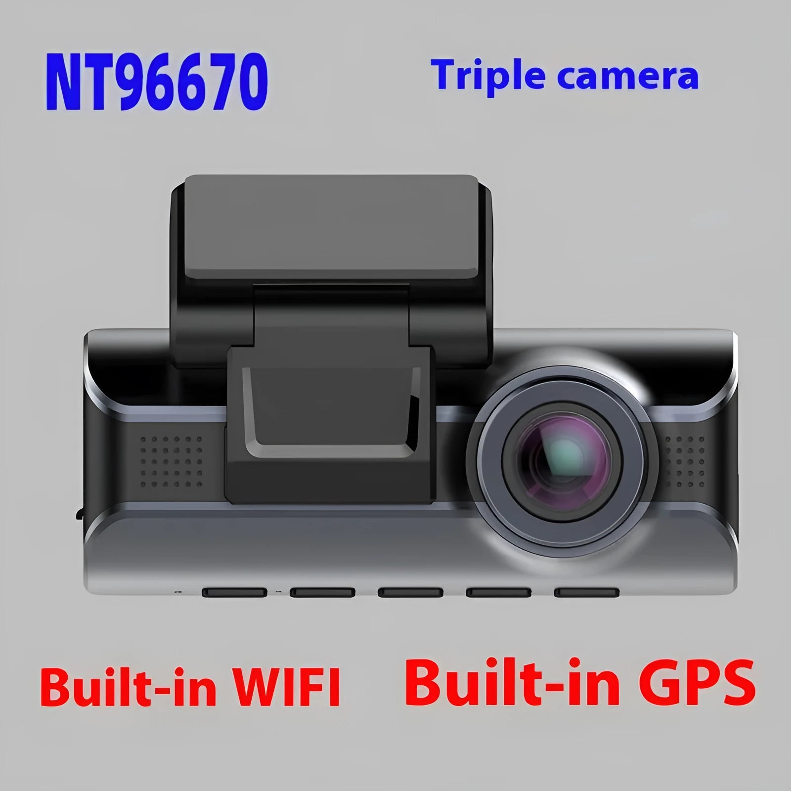 Black car dash cam with front and rear lenses, 3-inch screen, WiFi GPS, mounted on windshield bracket