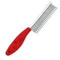 Red pet grooming comb with short and long stainless steel teeth and a plastic anti-slip handle.