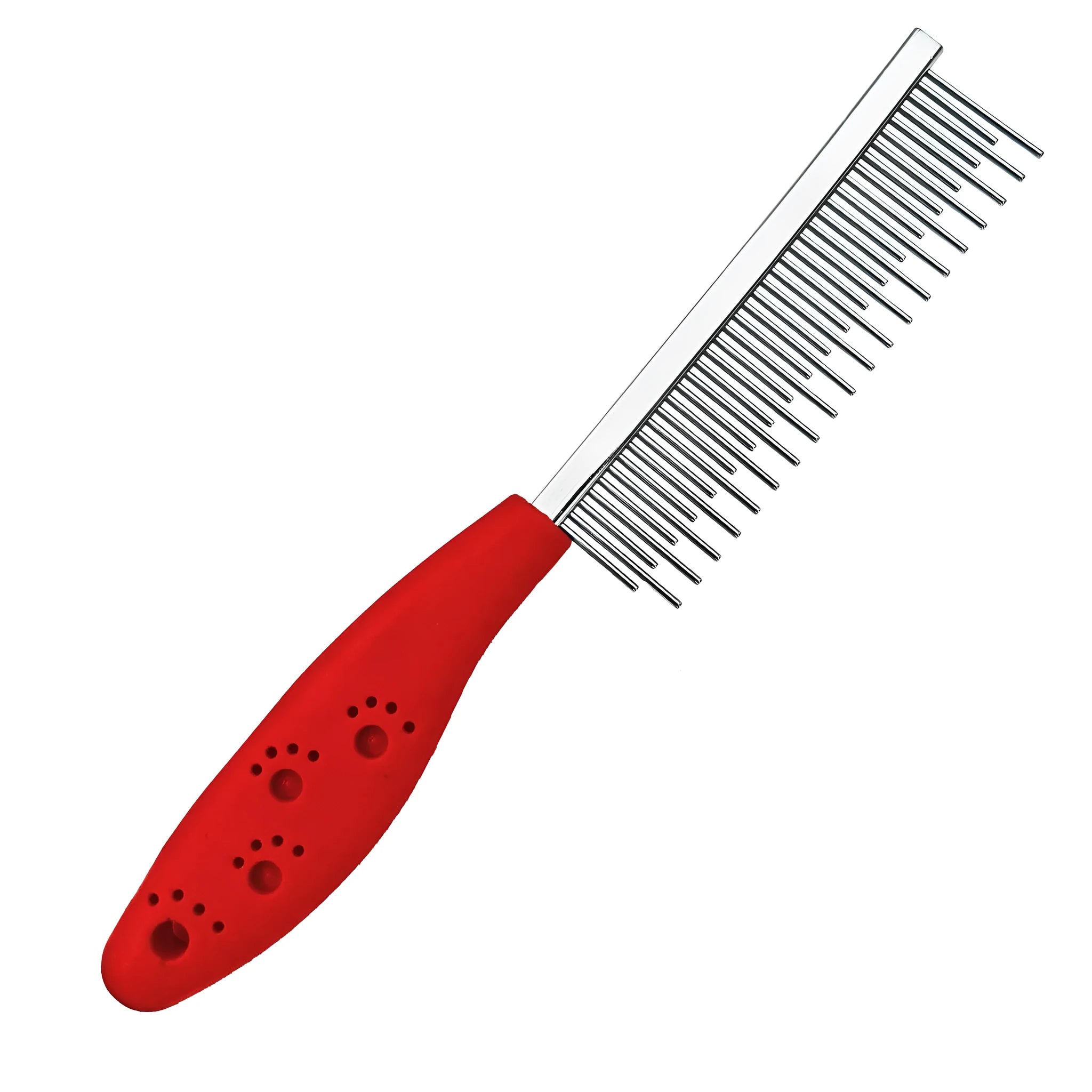 Red pet grooming comb with short and long stainless steel teeth and a plastic anti-slip handle.
