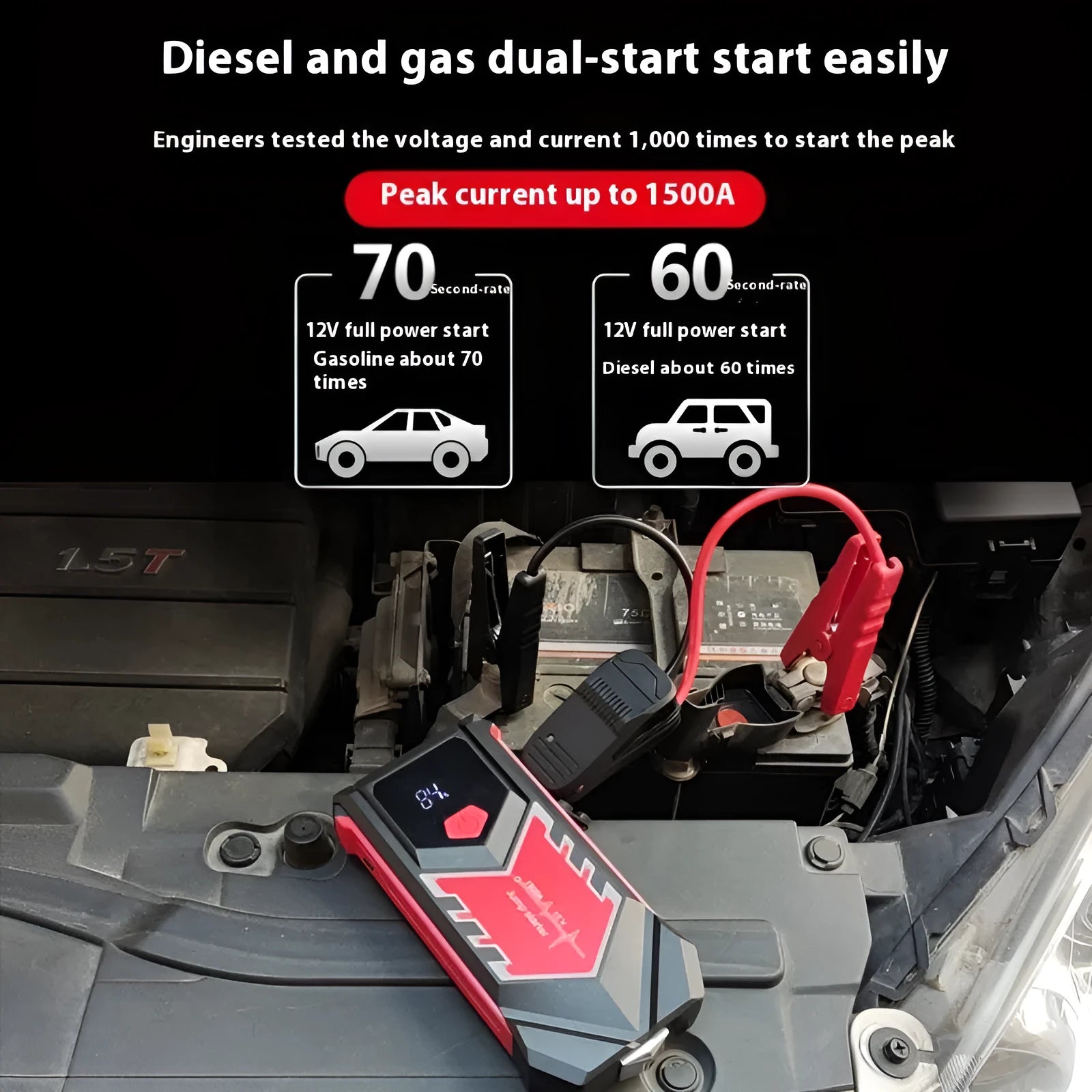 8000mAh automobile emergency start power source with smart clips and charging kit in toolbox