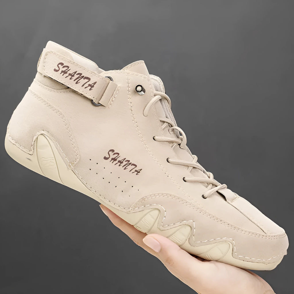 Men's solid colour mid-calf Martin boots with leather lining and rubber sole in black, gray, and khaki