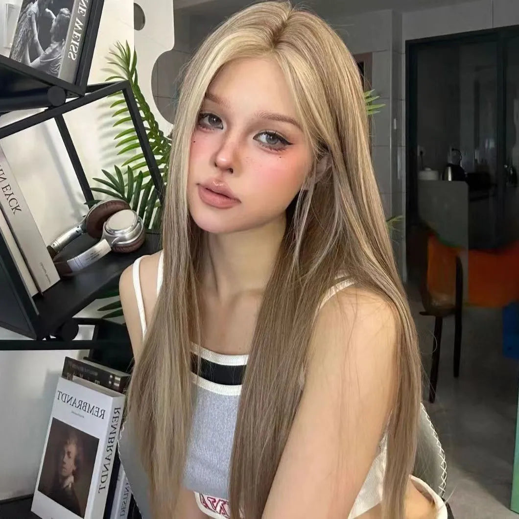 Golden brown gradient lace front wig with centre parting on mannequin head showing pre-plucked hairline