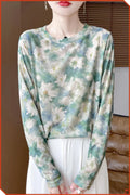 Women's round neck pullover blouse with floral print in Tencel cotton fabric